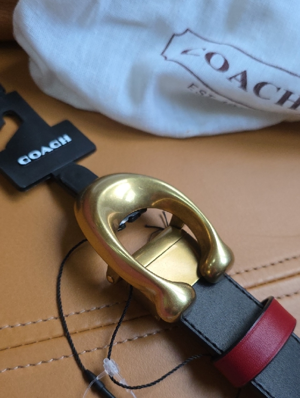 Coach Black and Red Leather Belt with Gold 'C' Buckle - Picture 16 of 16